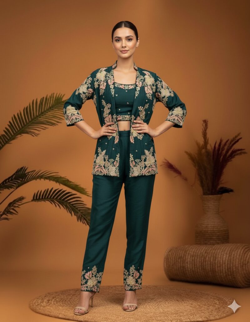 Floral Embroidered Trouser Jacket Set