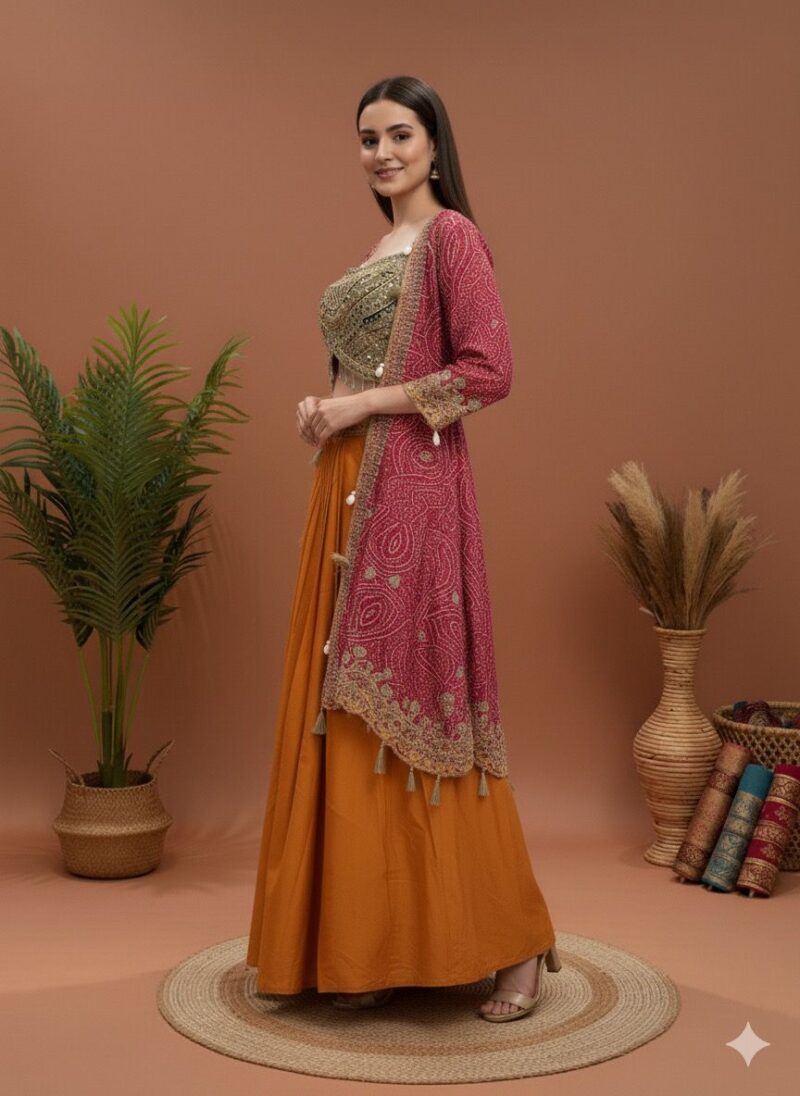 Layered Ochre Lehenga and Embellished Bandhani Cape