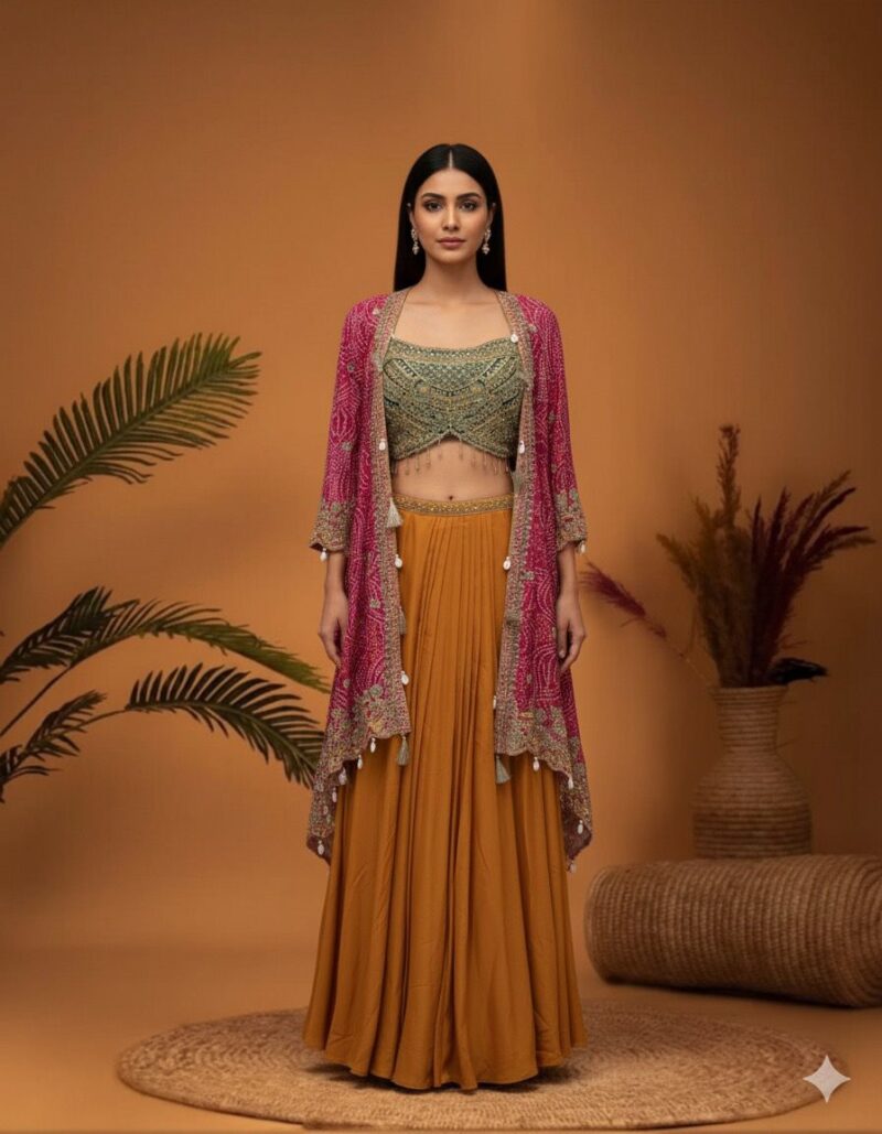 Layered Ochre Lehenga and Embellished Bandhani Cape