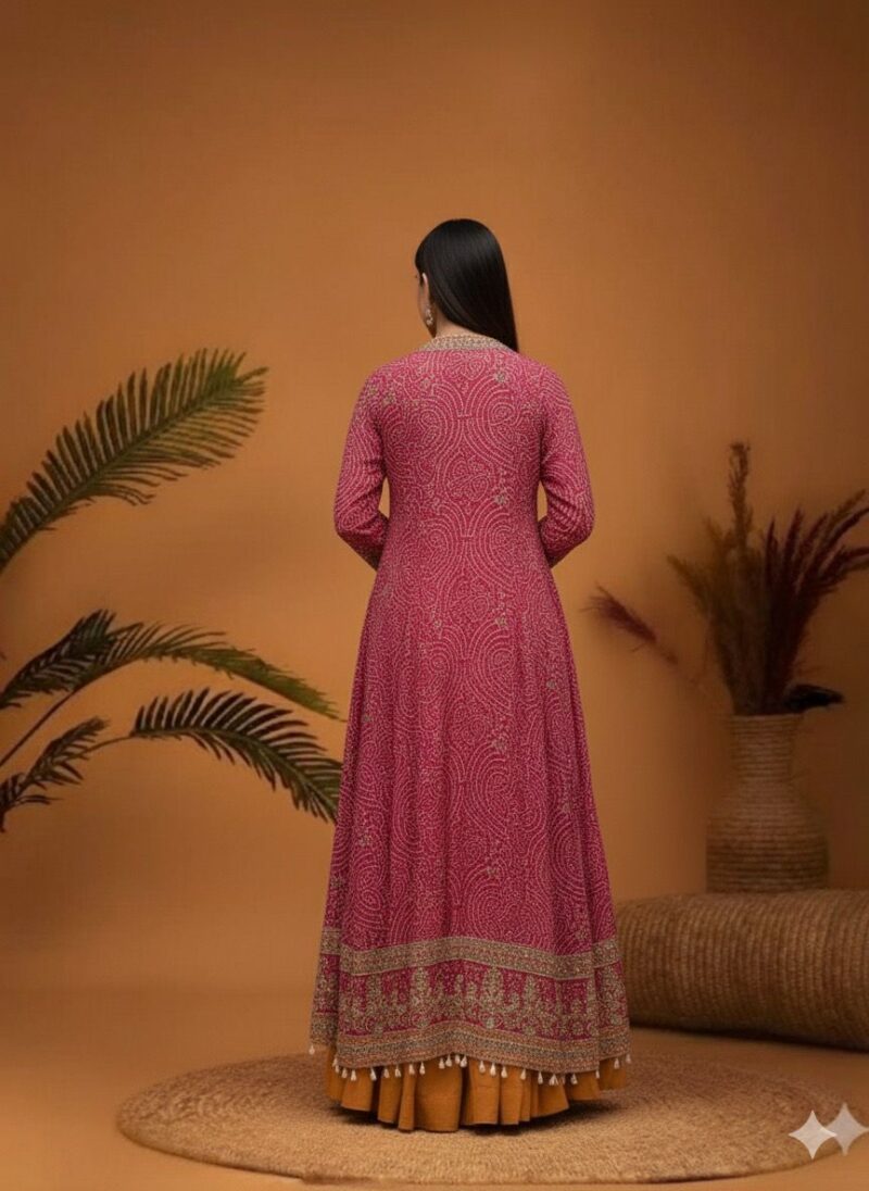 Layered Ochre Lehenga and Embellished Bandhani Cape