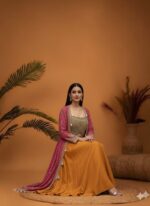 Layered Ochre Lehenga and Embellished Bandhani Cape