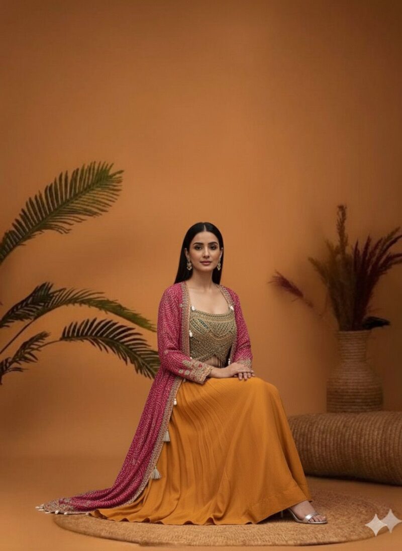 Layered Ochre Lehenga and Embellished Bandhani Cape