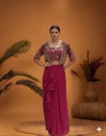 Magenta Drape skirt with Embroidered Jacket
