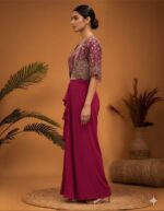 Magenta Drape skirt with Embroidered Jacket