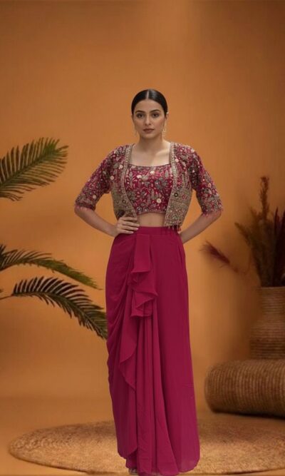Magenta Drape skirt with Embroidered Jacket