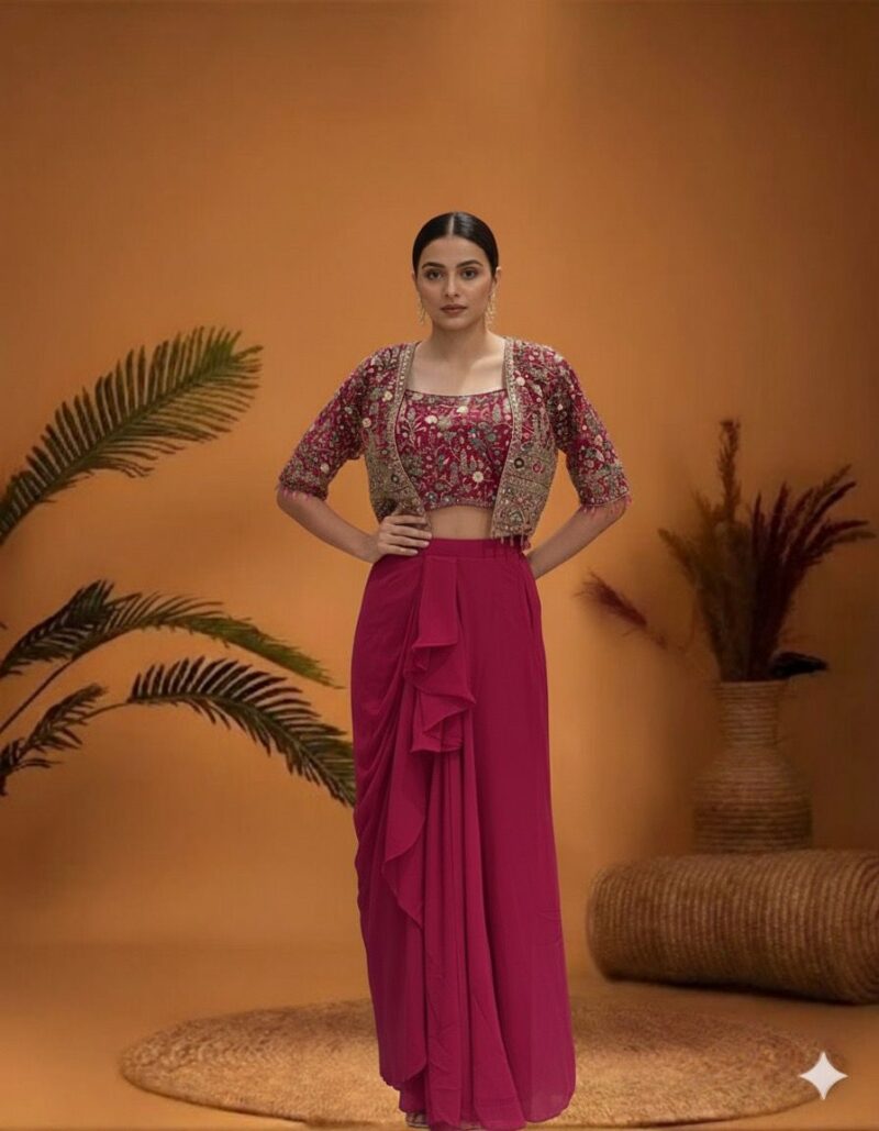 Magenta Drape skirt with Embroidered Jacket