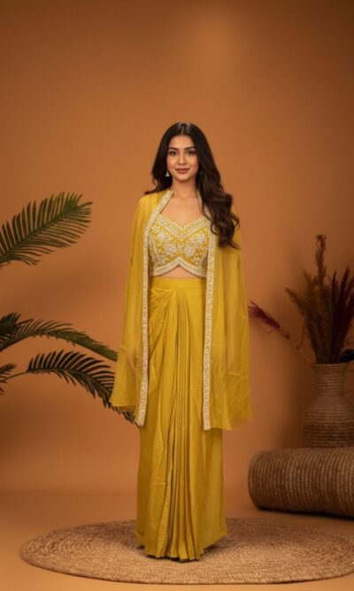 Mustard Yellow Indo Western with Cape