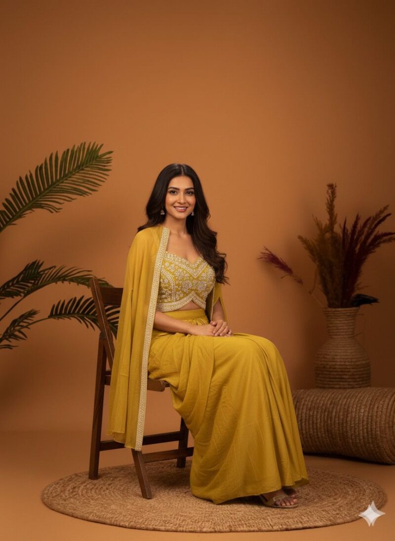 Mustard Yellow Indo Western with Cape