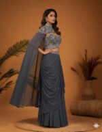 Sterling Embellished Cape-Blouse with a Waterfall Drape Skirt