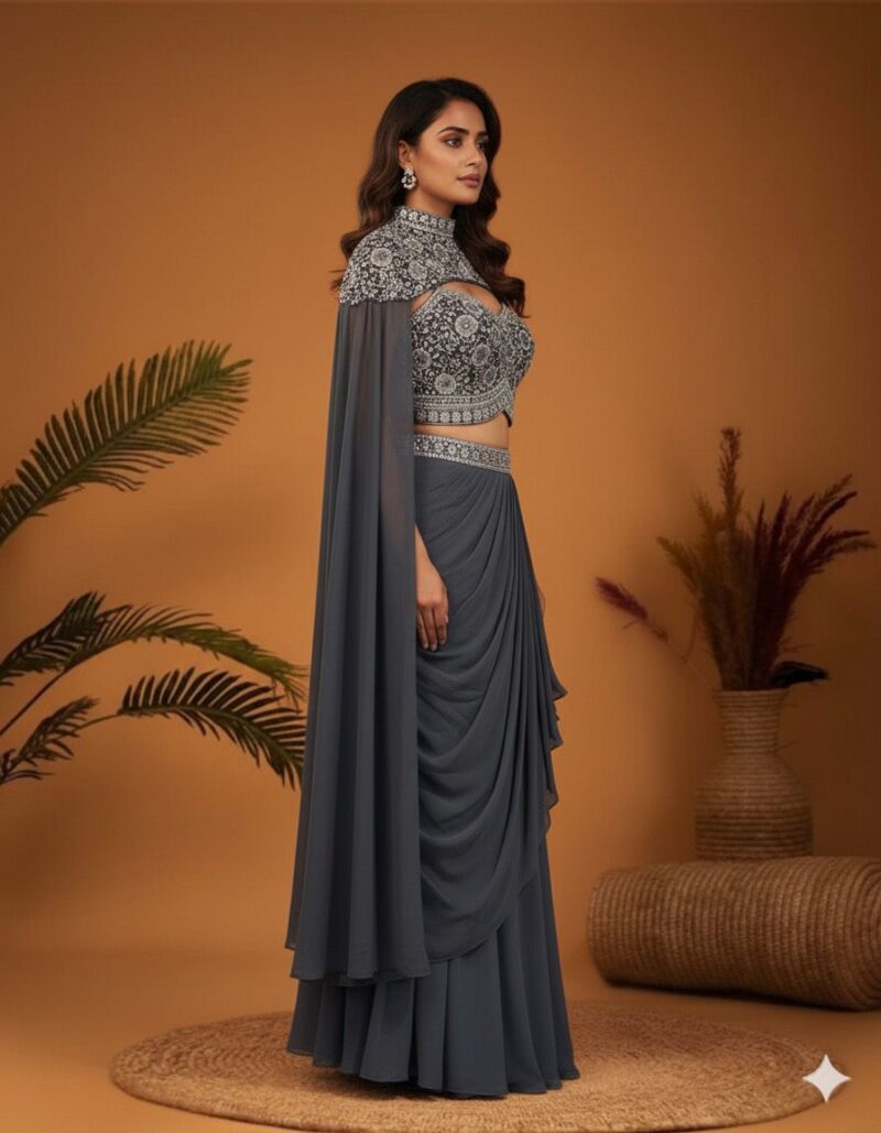Sterling Embellished Cape-Blouse with a Waterfall Drape Skirt