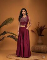 Maroon Red Skirt Set with a Beaded Drape Top