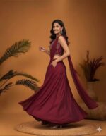 Maroon Red Skirt Set with a Beaded Drape Top