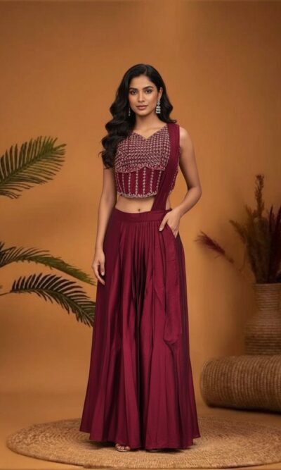 Maroon Red Skirt Set with a Beaded Drape Top