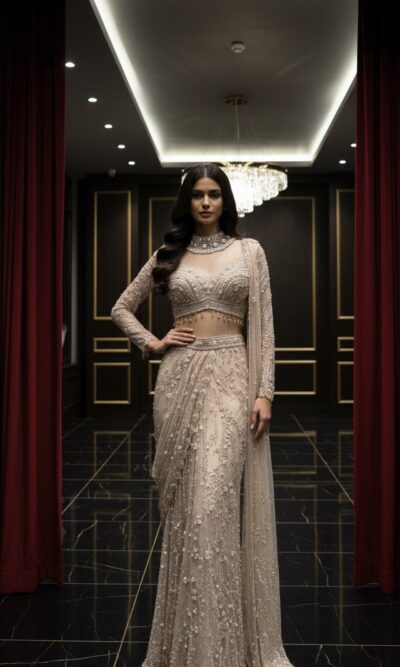 Champagne Whisper Draped Indo Western