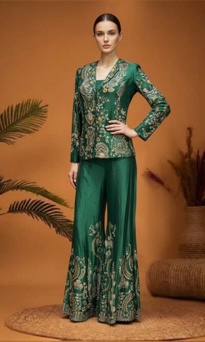 Emerald Green Embroidered Jacket Set