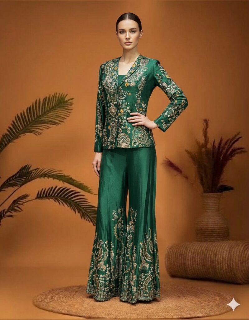 Emerald Green Embroidered Jacket Set