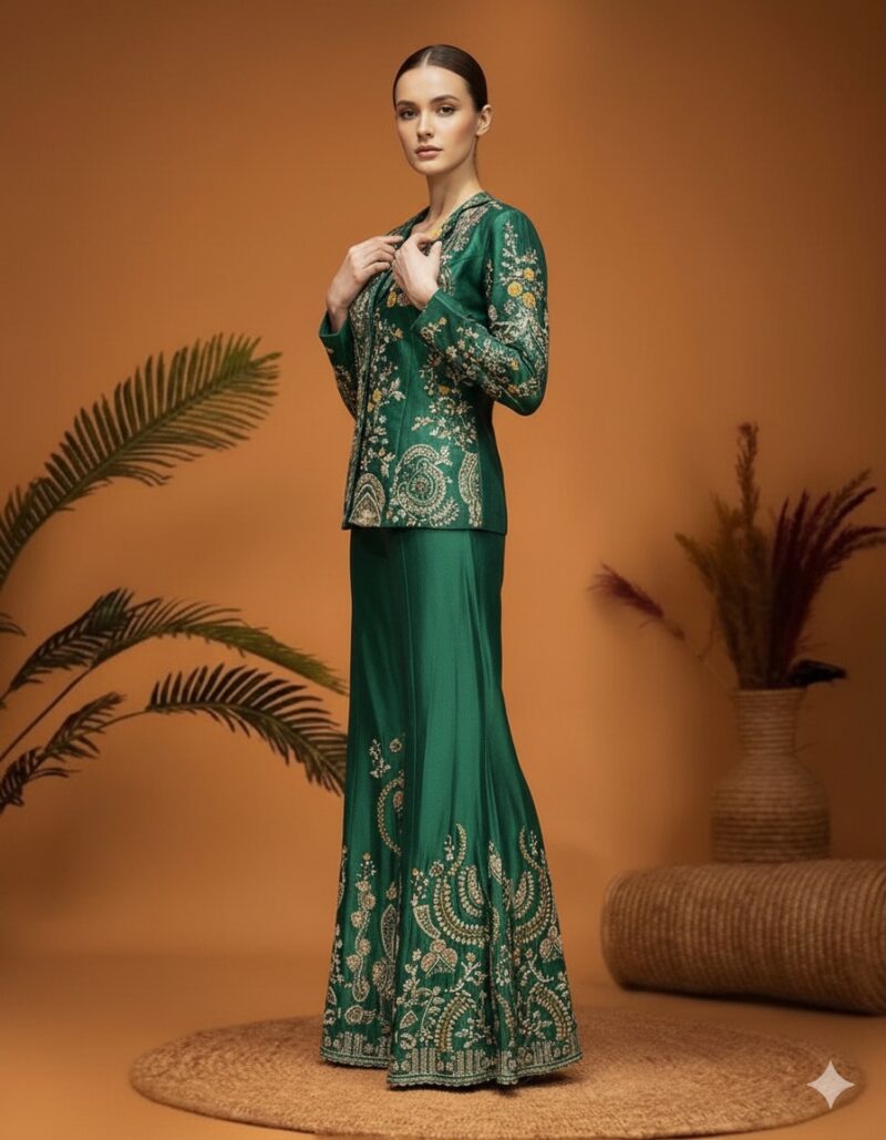 Emerald Green Embroidered Jacket Set