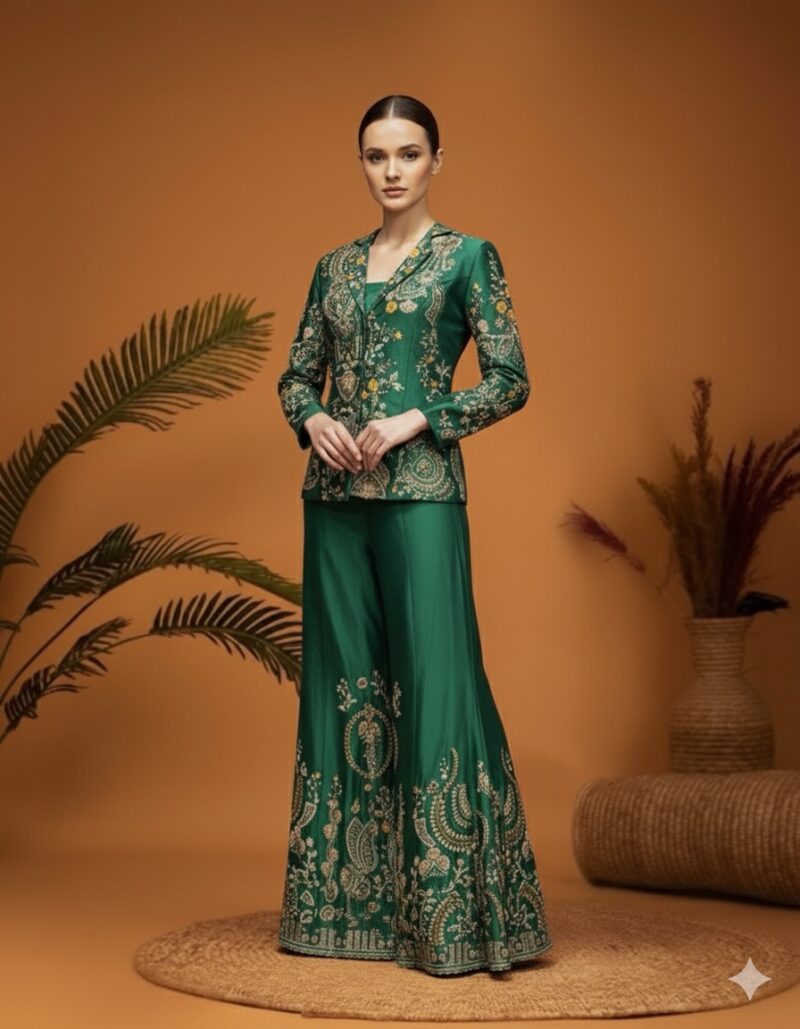 Emerald Green Embroidered Jacket Set