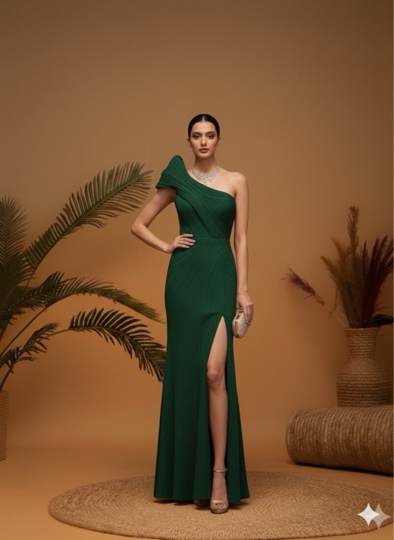 Statement Emerald Pleated Gown