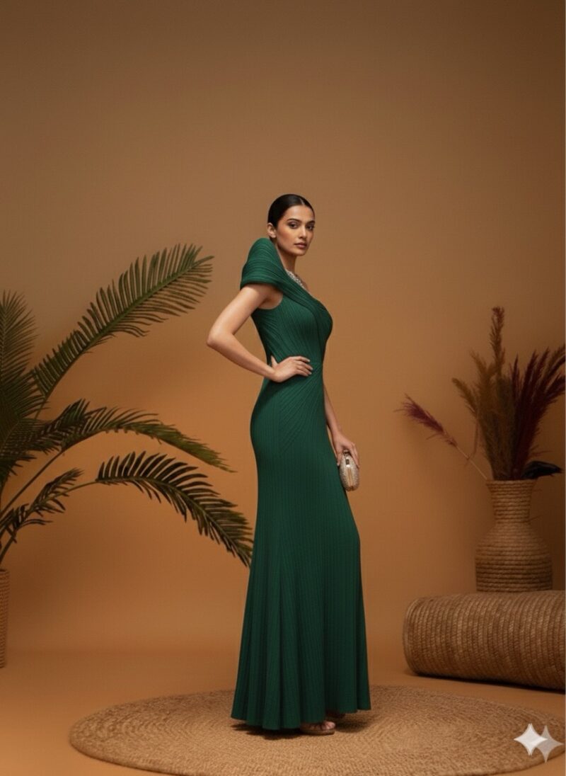 Statement Emerald Pleated Gown
