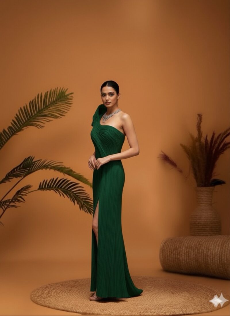 Statement Emerald Pleated Gown
