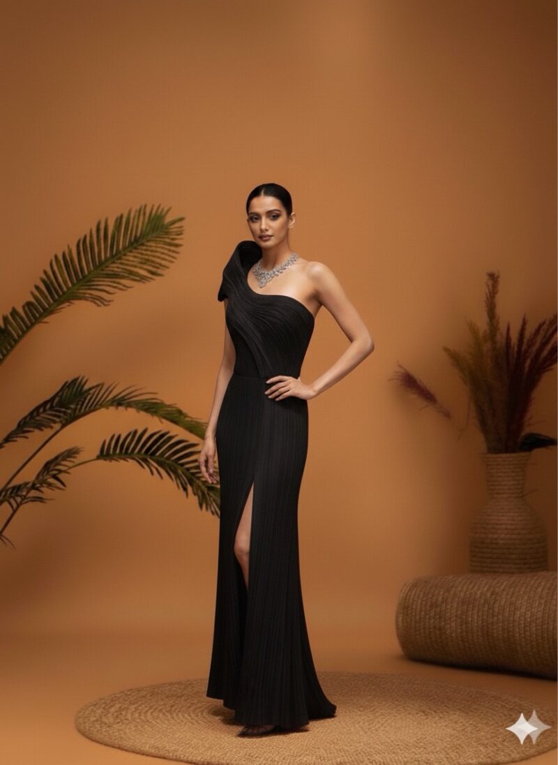 Statement Black Pleated Gown