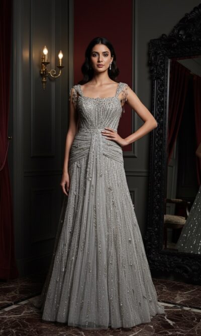 Silver Cascade Crystal Gown