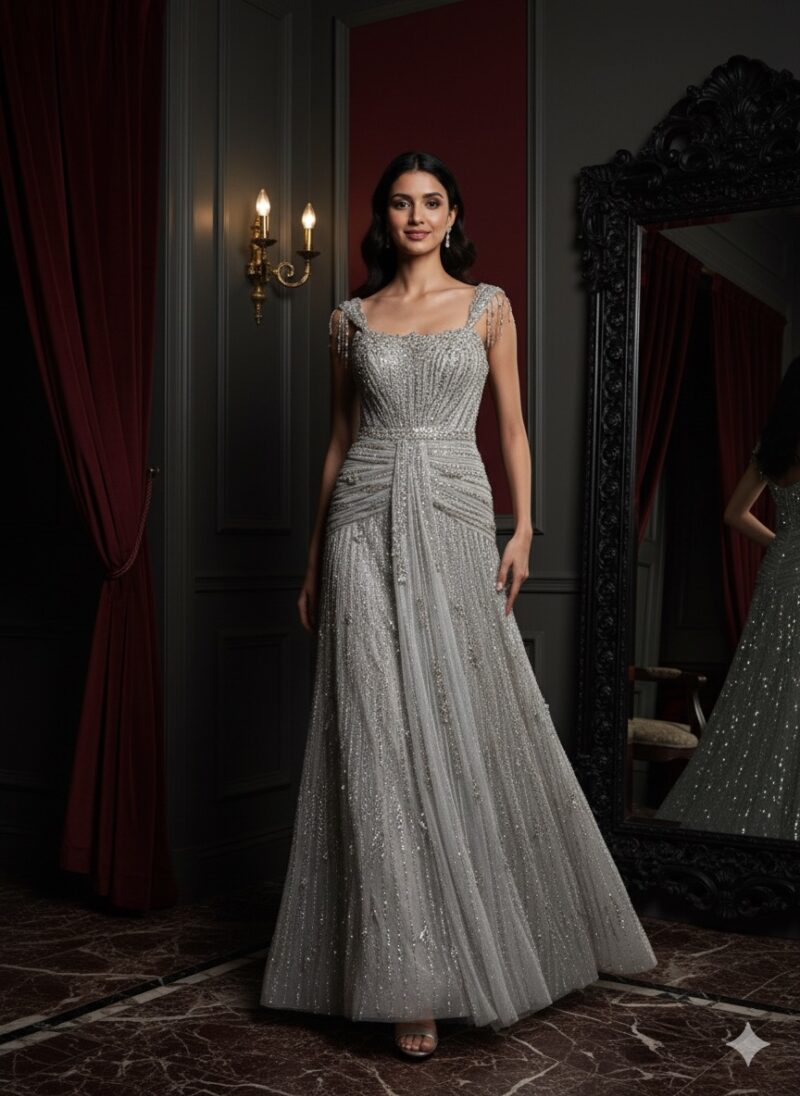 Silver Cascade Crystal Gown