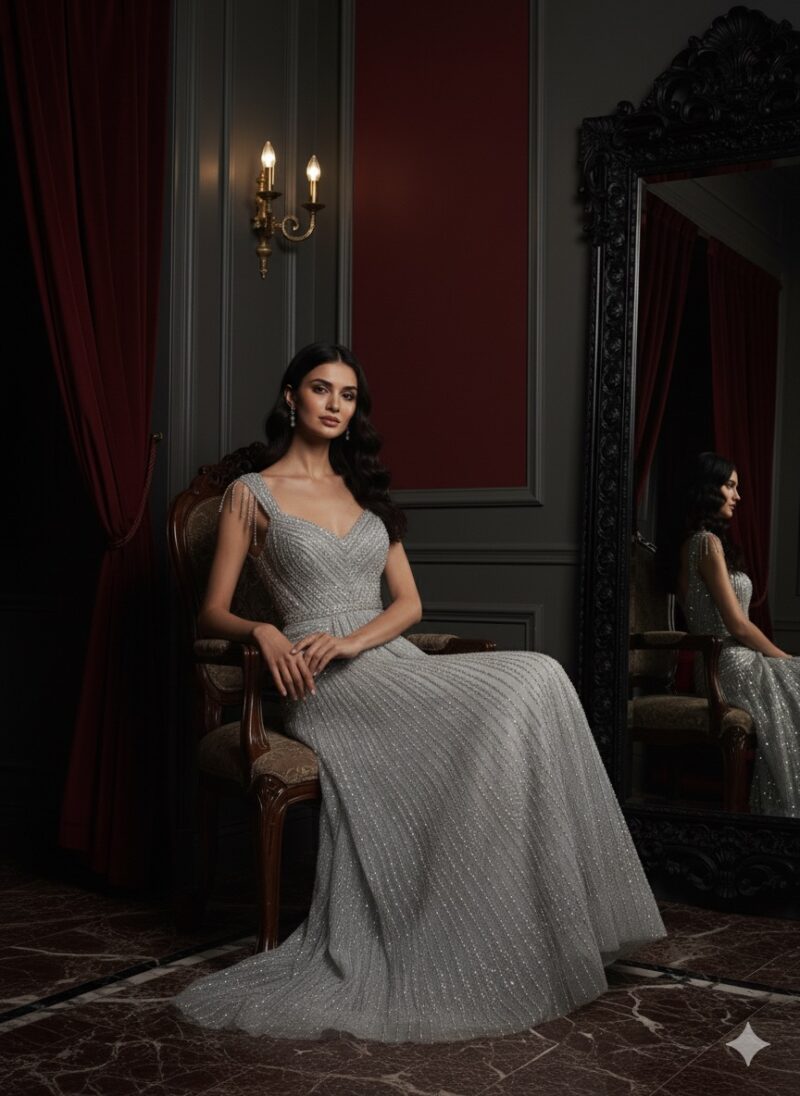 Silver Cascade Crystal Gown