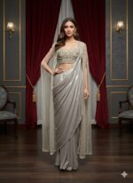 Metallic Silver Draped Cape Style Saree