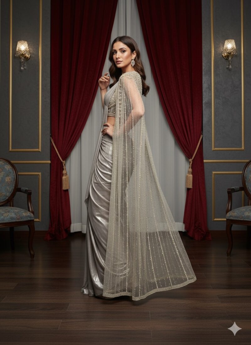 Metallic Silver Draped Cape Style Saree