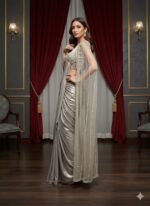 Metallic Silver Draped Cape Style Saree