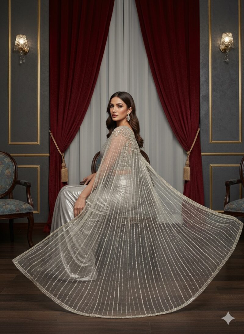 Metallic Silver Draped Cape Style Saree