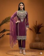 Plum Embroidered Straight Suit Set