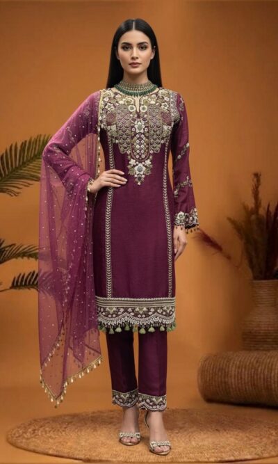 Plum Embroidered Straight Suit Set