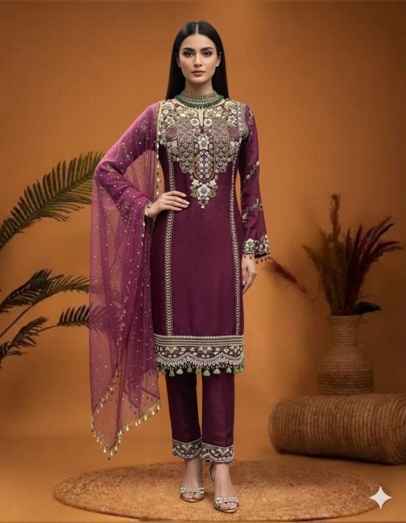 Plum Embroidered Straight Suit Set