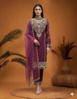 Plum Embroidered Straight Suit Set