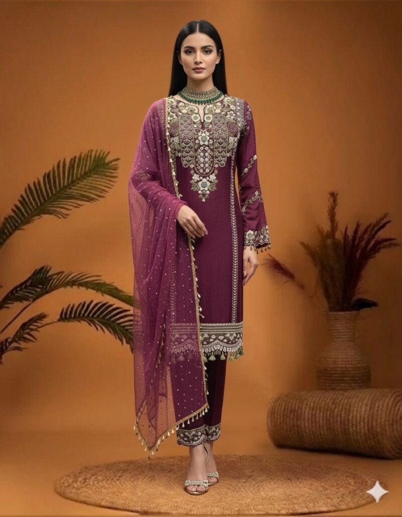 Plum Embroidered Straight Suit Set