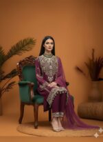 Plum Embroidered Straight Suit Set