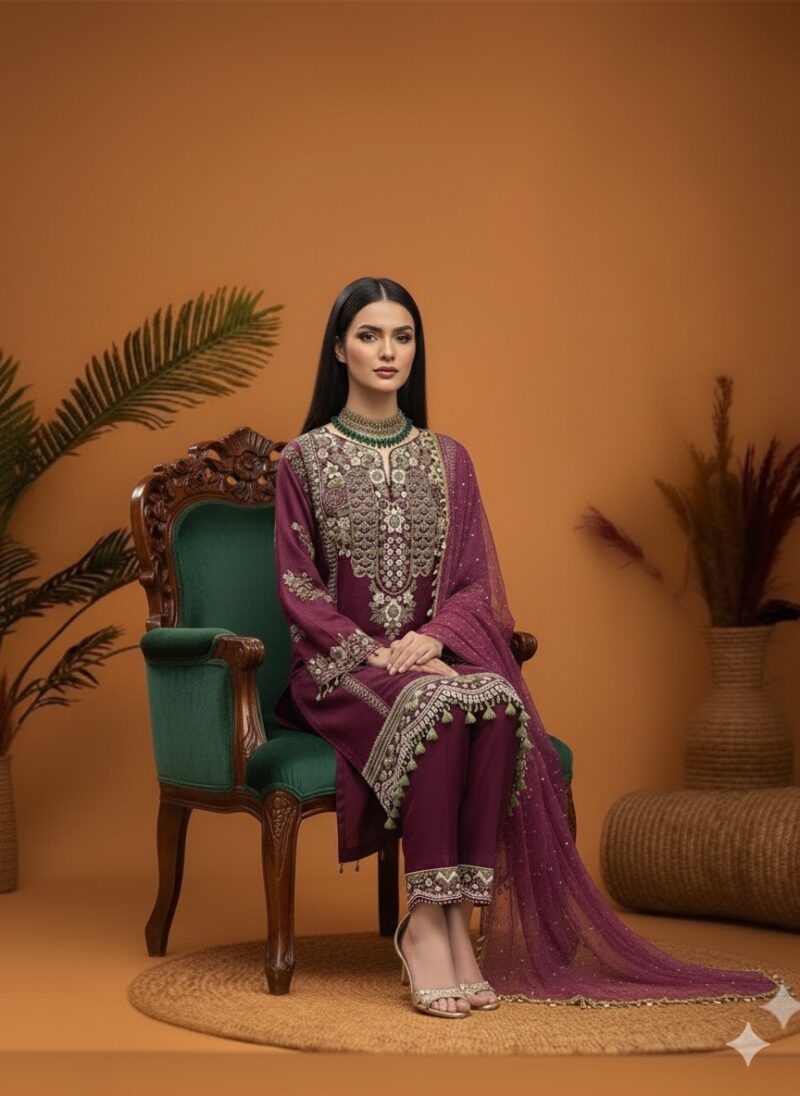Plum Embroidered Straight Suit Set