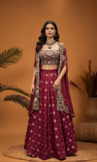 Maroon Embroidered Indo Western Cape Set
