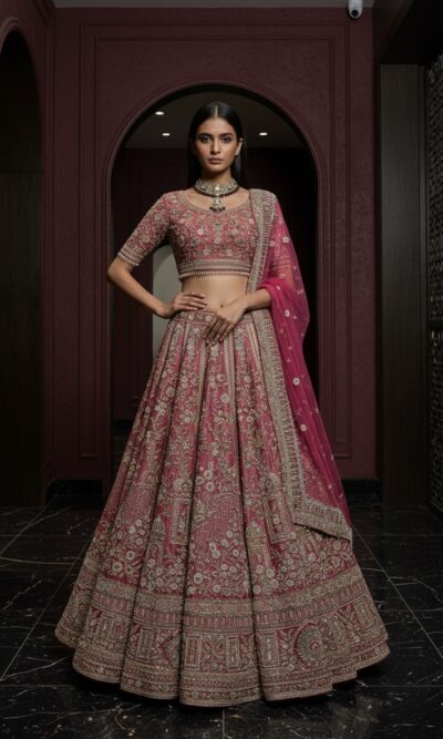 Rose Pink Heavy Embroidered Bridal Lehenga