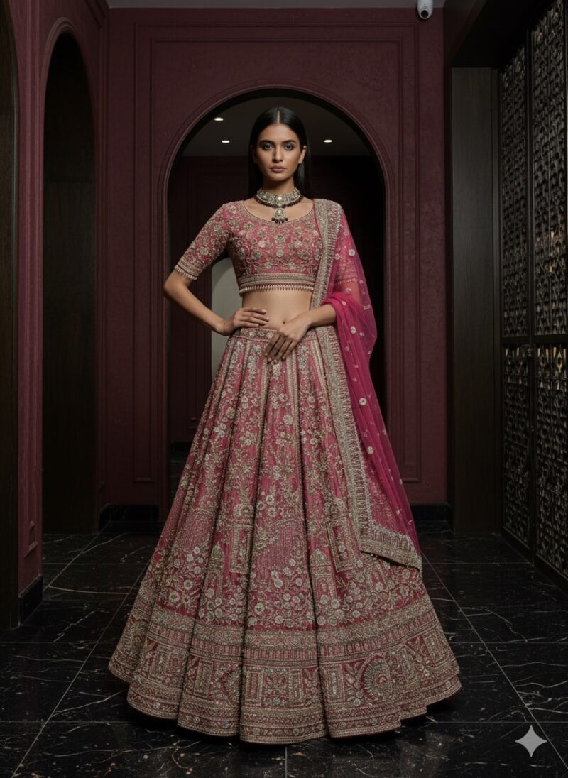 Rose Pink Heavy Embroidered Bridal Lehenga
