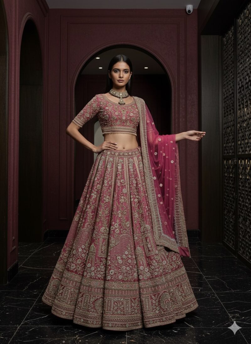 Rose Pink Heavy Embroidered Bridal Lehenga