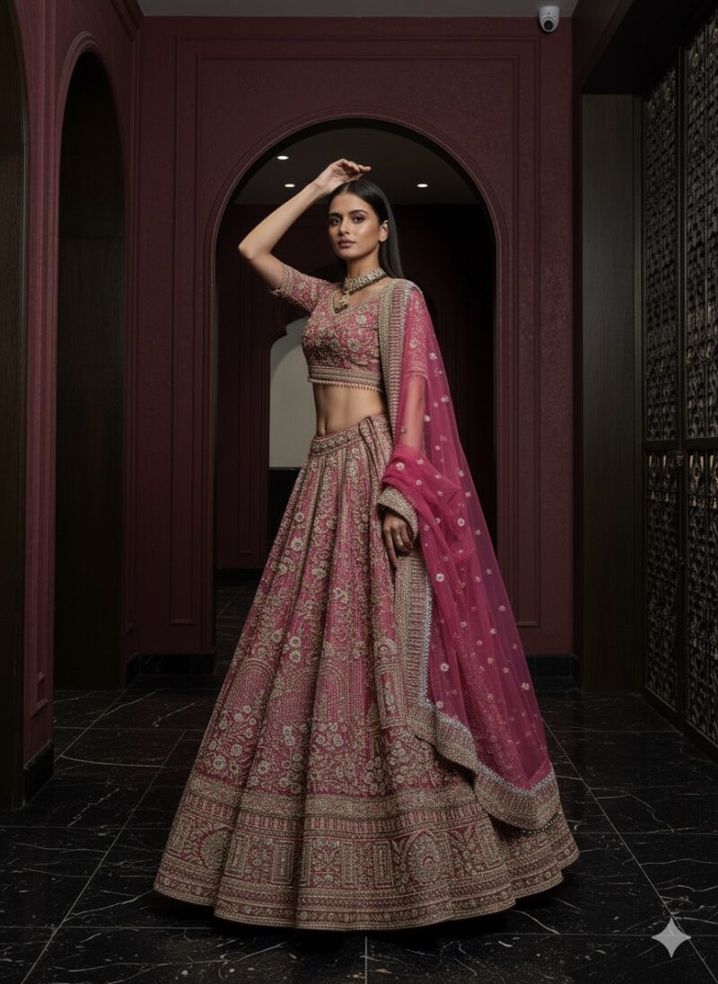 Rose Pink Heavy Embroidered Bridal Lehenga