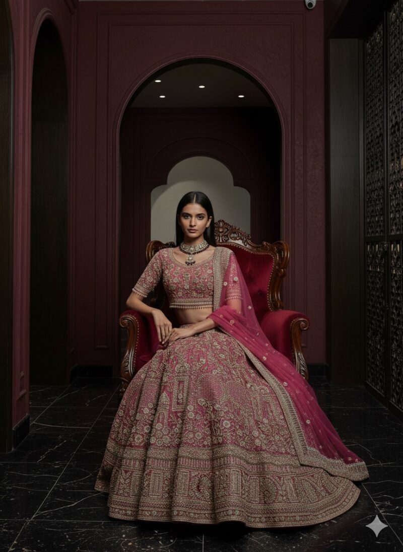 Rose Pink Heavy Embroidered Bridal Lehenga