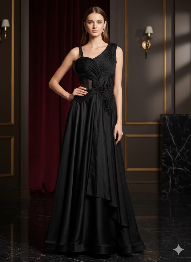 Black Flowing Layered Gown