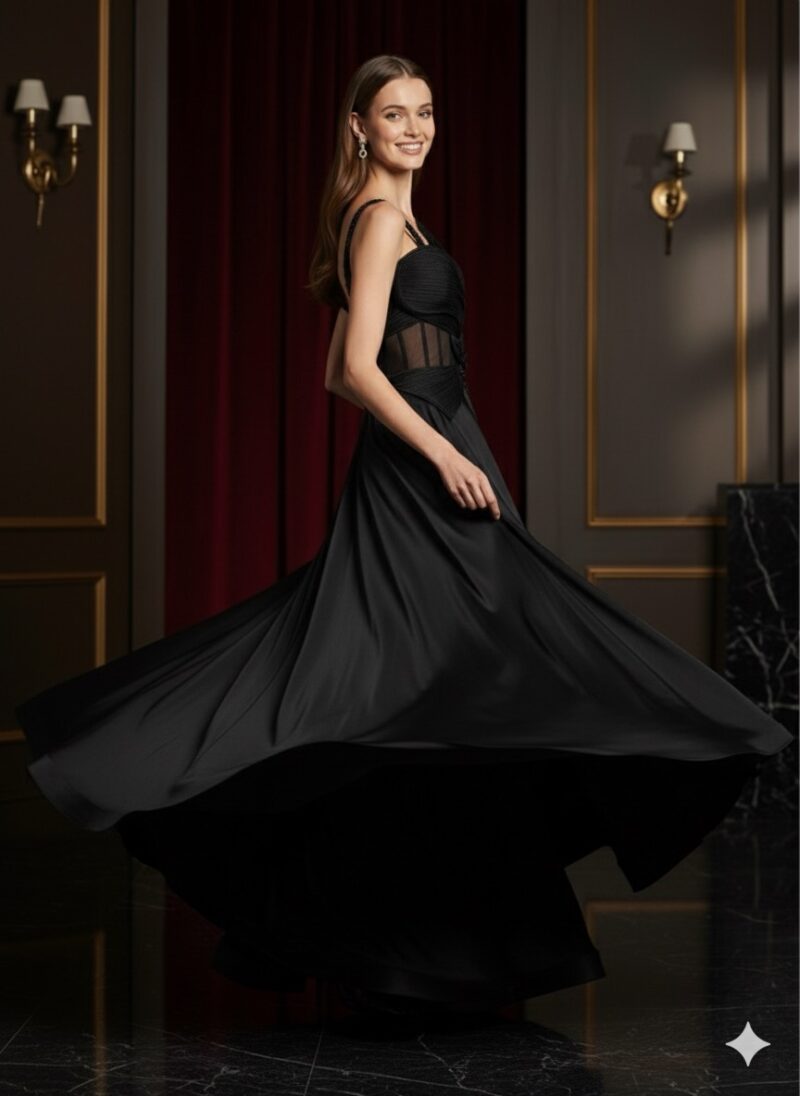 Black Flowing Layered Gown