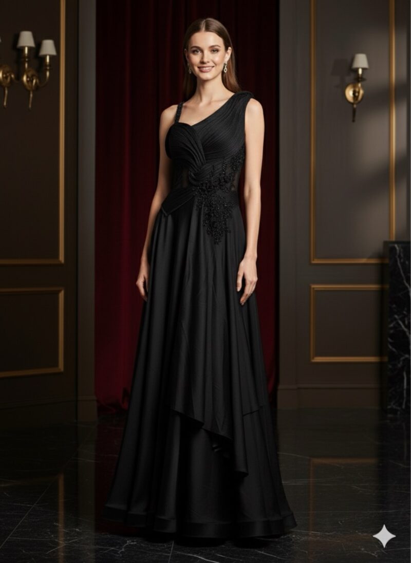 Black Flowing Layered Gown