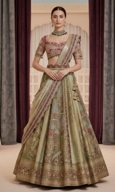 Intricately Embroidered Sage Green Lehenga